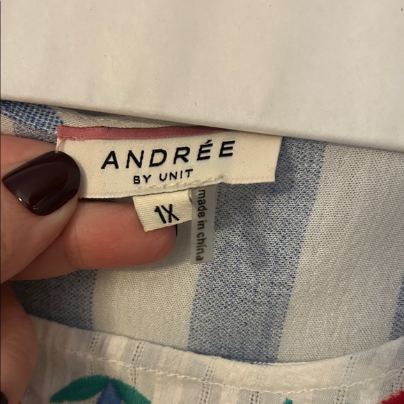ANDREE BY UNIT Blue and White Striped Blouse with Red Floral Embroidery - Picture 2 of 8